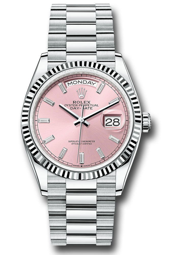 *Pre-Owned* Rolex Platinum Day-Date 36 Watch - Fluted Bezel - Pink Dial - President Bracelet
