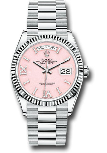 *Pre-Owned* Rolex Platinum Day-Date 36 Watch - Fluted Bezel - Pink Opal Diamond Index Roman 9 Dial - President Bracelet
