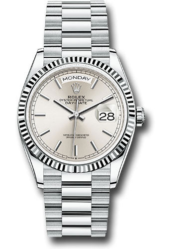 *Pre-Owned* Rolex Platinum Day-Date 36 Watch - Fluted Bezel - Silver Index Dial - President Bracelet