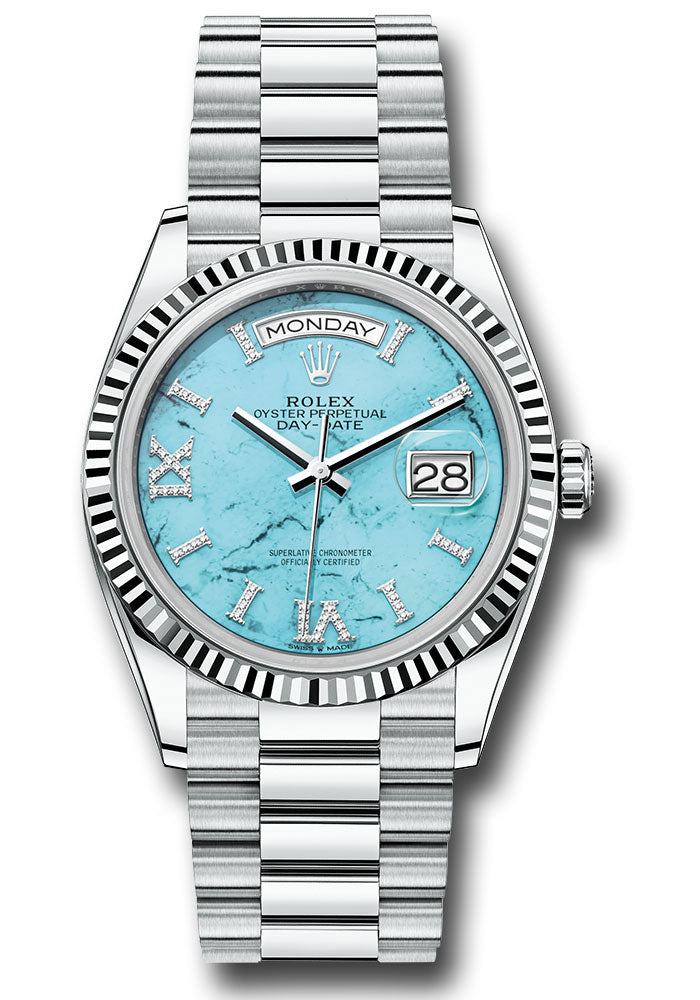 *Pre-Owned* Rolex Platinum Day-Date 36 Watch - Fluted Bezel - Turquoise Diamond Index Roman 9 Dial - President Bracelet