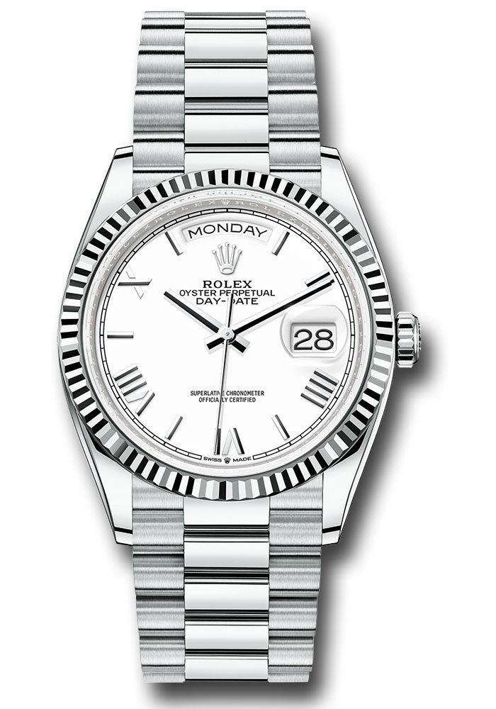 *Pre-Owned* Rolex Platinum Day-Date 36 Watch - Fluted Bezel - White Roman Dial - President Bracelet