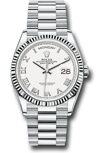 *Pre-Owned* Rolex Platinum Day-Date 36 Watch - Fluted Bezel - White Roman Dial - President Bracelet