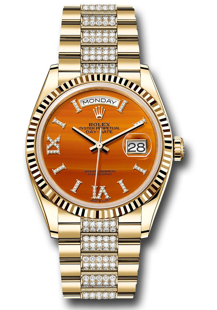 *Pre-Owned* Rolex Yellow Gold Day-Date 36 Watch - Fluted Bezel - Carnelian Diamond Index Roman 9 Dial - Diamond President Bracelet