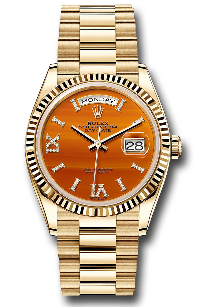 *Pre-Owned* Rolex Yellow Gold Day-Date 36 Watch - Fluted Bezel - Carnelian Diamond Index Roman 9 Dial - President Bracelet