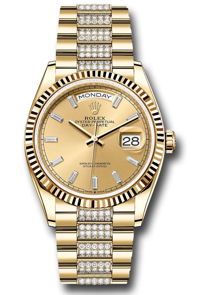 *Pre-Owned* Rolex Yellow Gold Day-Date 36 Watch - Fluted Bezel - Champagne Dial - Diamond President Bracelet