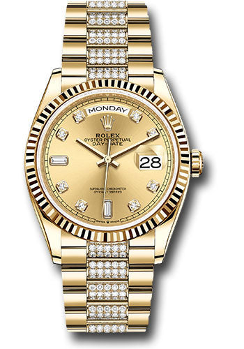 *Pre-Owned* Rolex Yellow Gold Day-Date 36 Watch - Fluted Bezel - Champagne Diamond Dial - Diamond President Bracelet