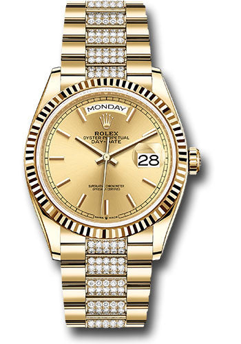 *Pre-Owned* Rolex Yellow Gold Day-Date 36 Watch - Fluted Bezel - Champagne Index Dial - Diamond President Bracelet