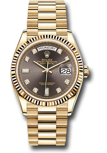 *Pre-Owned* Rolex Yellow Gold Day-Date 36 Watch - Fluted Bezel - Dark Grey Diamond Dial - President Bracelet