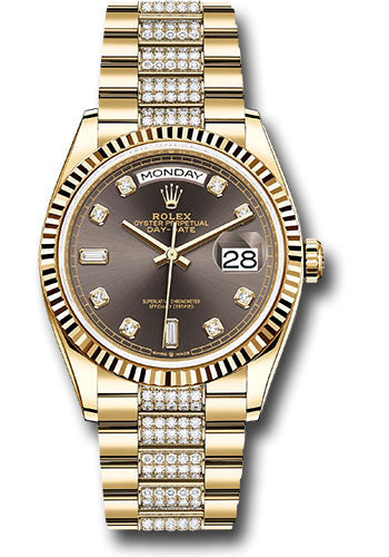 *Pre-Owned* Rolex Yellow Gold Day-Date 36 Watch - Fluted Bezel - Dark Grey Diamond Dial - Diamond President Bracelet
