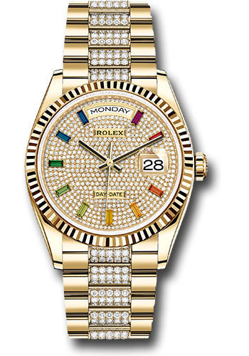 *Pre-Owned* Rolex Yellow Gold Day-Date 36 Watch - Fluted Bezel - Diamond-Paved Dial - Diamond President Bracelet
