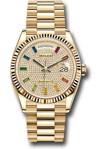 *Pre-Owned* Rolex Yellow Gold Day-Date 36 Watch - Fluted Bezel - Diamond-Paved Rainbow Sapphire Dial - President Bracelet