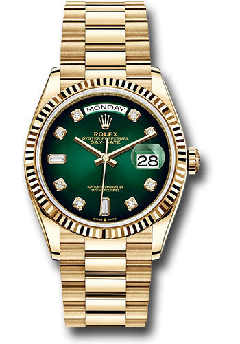 *Pre-Owned* Rolex Yellow Gold Day-Date 36 Watch - Fluted Bezel - Green OmbreÌ Diamond Dial - President Bracelet