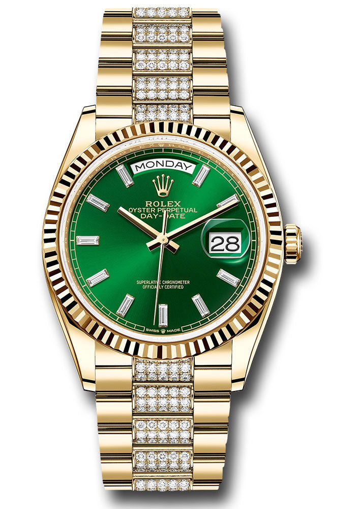*Pre-Owned* Rolex Yellow Gold Day-Date 36 Watch - Fluted Bezel - Green Dial - Diamond President Bracelet