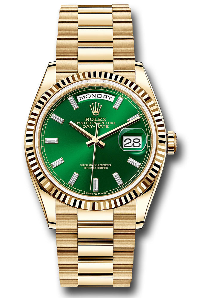 *Pre-Owned* Rolex Yellow Gold Day-Date 36 Watch - Fluted Bezel - Green Dial - President Bracelet