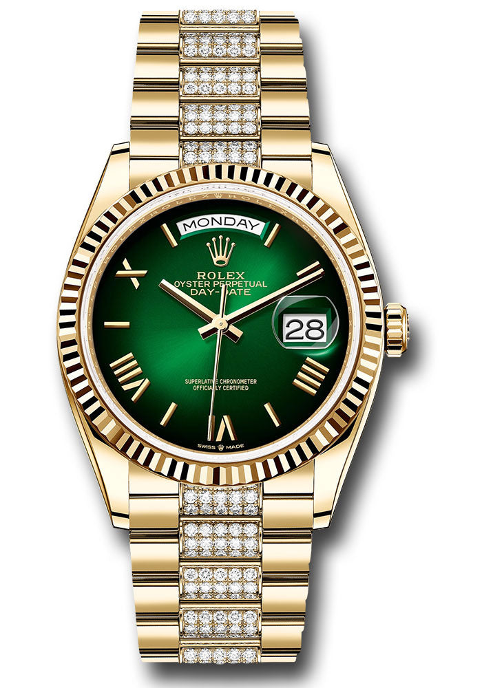 *Pre-Owned* Rolex Yellow Gold Day-Date 36 Watch - Fluted Bezel - Green Ombré Roman Dial - Diamond President Bracelet