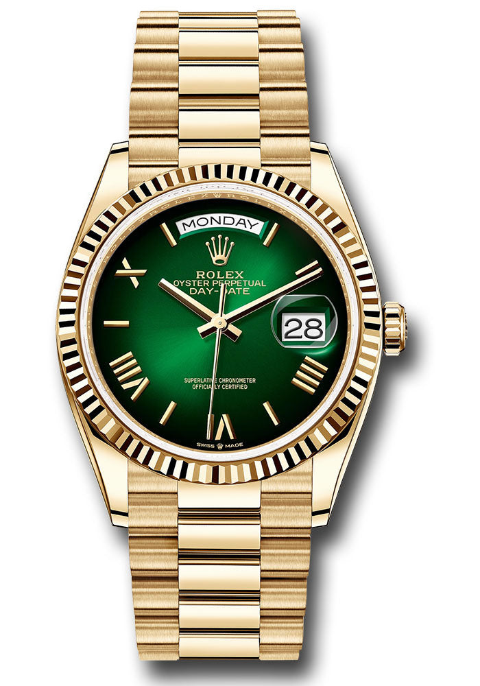 *Pre-Owned* Rolex Yellow Gold Day-Date 36 Watch - Fluted Bezel - Green OmbrÃ© Roman Dial - President Bracelet