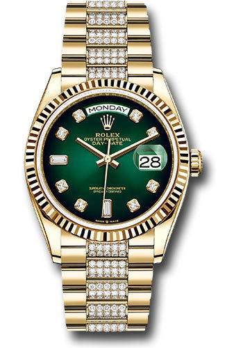 *Pre-Owned* Rolex Yellow Gold Day-Date 36 Watch - Fluted Bezel - Green OmbrÃ© Diamond Dial - Diamond President Bracelet