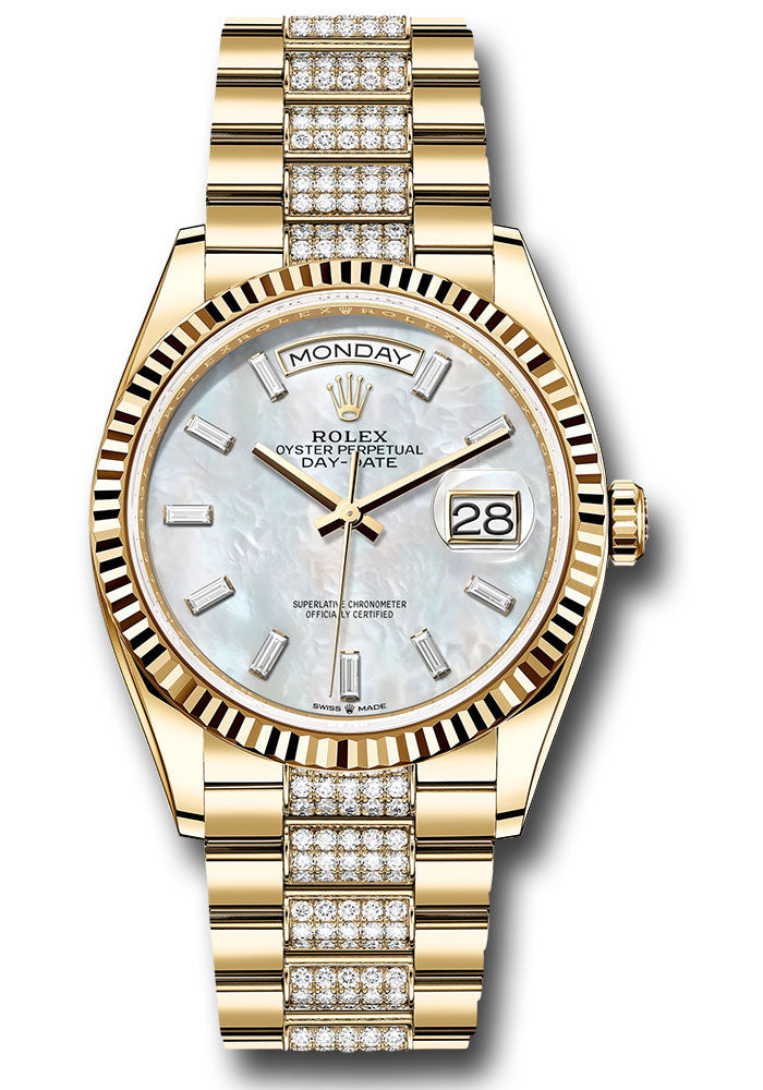 *Pre-Owned* Rolex Yellow Gold Day-Date 36 Watch - Fluted Bezel - White Mother-Of-Pearl Dial - Diamond President Bracelet