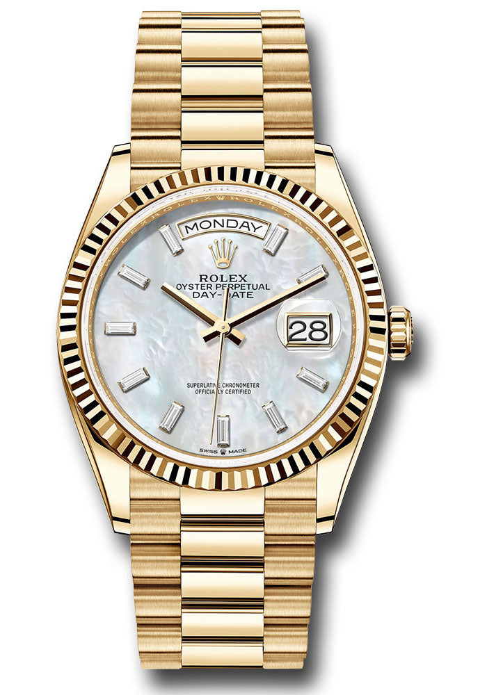 *Pre-Owned* Rolex Yellow Gold Day-Date 36 Watch - Fluted Bezel - White Mother-Of-Pearl Dial - President Bracelet