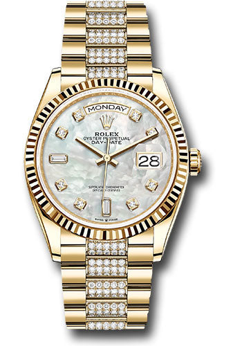 *Pre-Owned* Rolex Yellow Gold Day-Date 36 Watch - Fluted Bezel - White Mother-Of-Pearl Diamond Dial - Diamond President Bracelet