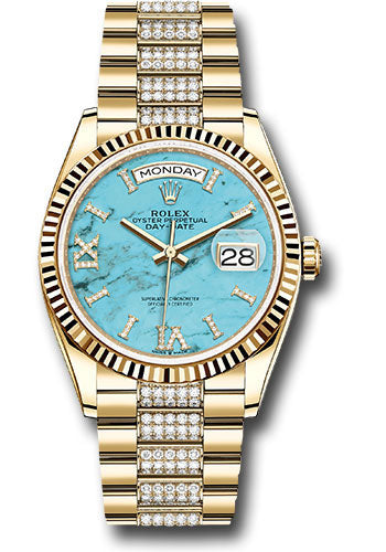 *Pre-Owned* Rolex Yellow Gold Day-Date 36 Watch - Fluted Bezel - Turquoise Diamond Index Roman 9 Dial - Diamond President Bracelet
