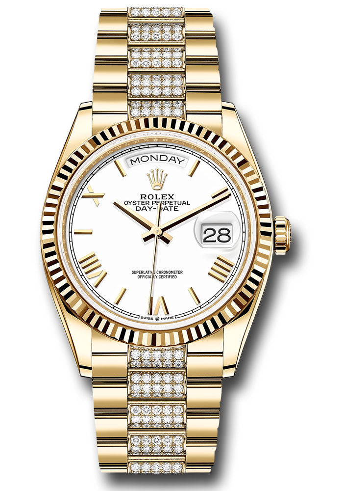 *Pre-Owned* Rolex Yellow Gold Day-Date 36 Watch - Fluted Bezel - White Roman Dial - Diamond President Bracelet