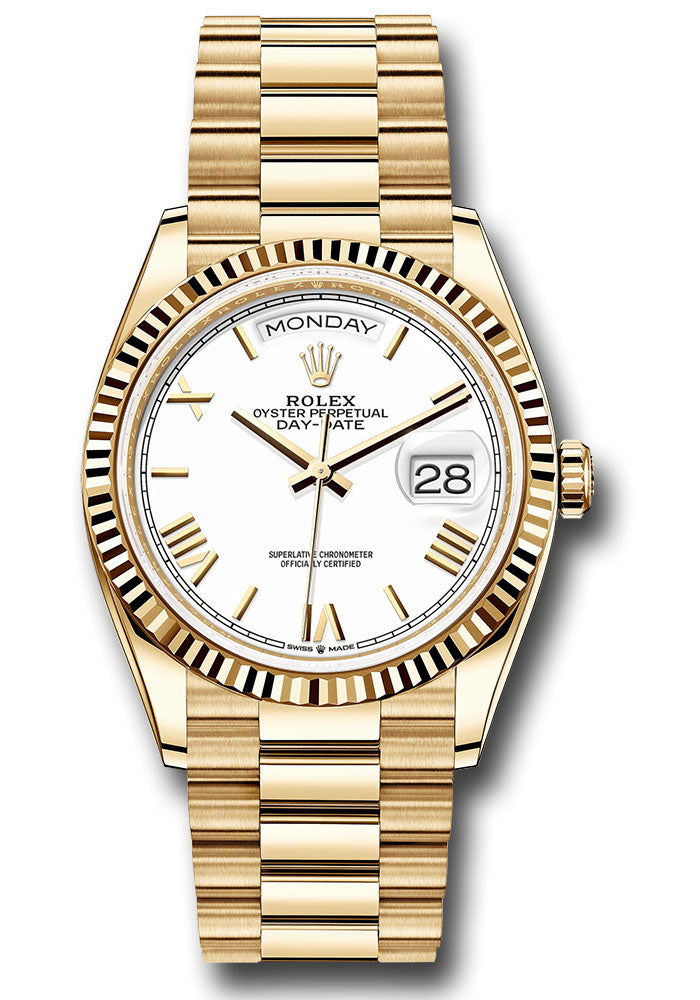 *Pre-Owned* Rolex Yellow Gold Day-Date 36 Watch - Fluted Bezel - White Roman Dial - President Bracelet