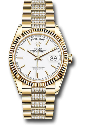 *Pre-Owned* Rolex Yellow Gold Day-Date 36 Watch - Fluted Bezel - White Index Dial - Diamond President Bracelet