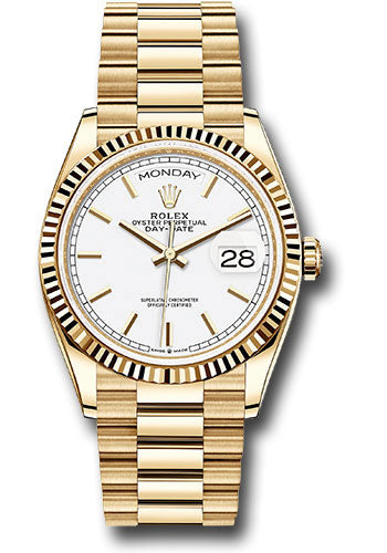 *Pre-Owned* Rolex Yellow Gold Day-Date 36 Watch - Fluted Bezel - White Index Dial - President Bracelet