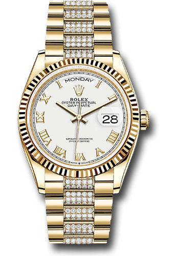 *Pre-Owned* Rolex Yellow Gold Day-Date 36 Watch - Fluted Bezel - White Roman Dial - Diamond President Bracelet