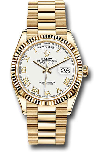 *Pre-Owned* Rolex Yellow Gold Day-Date 36 Watch - Fluted Bezel - White Roman Dial - President Bracelet