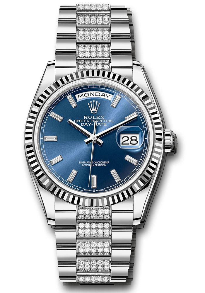 *Pre-Owned* Rolex White Gold Day-Date 36 Watch - Fluted Bezel - Blue Dial - Diamond President Bracelet