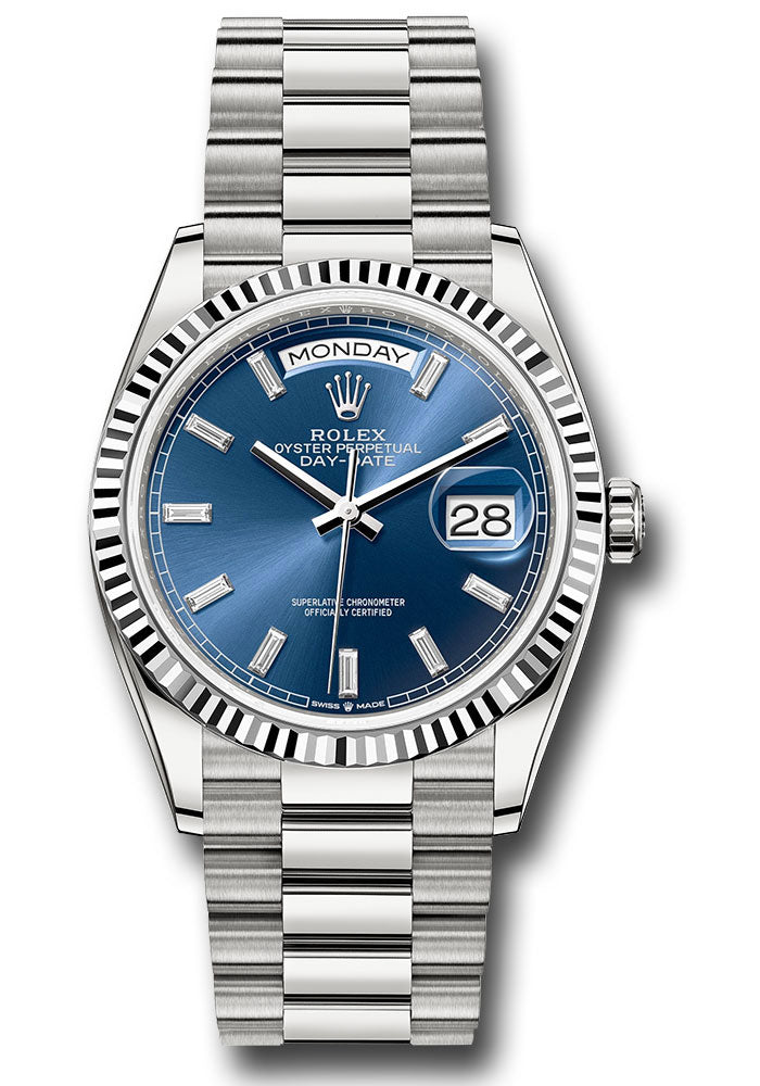 *Pre-Owned* Rolex White Gold Day-Date 36 Watch - Fluted Bezel - Blue Dial - President Bracelet
