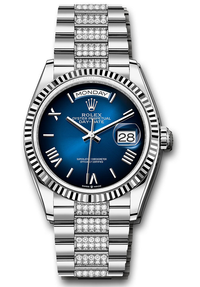 *Pre-Owned* Rolex White Gold Day-Date 36 Watch - Fluted Bezel - Blue OmbrÃ© Roman Dial - Diamond President Bracelet
