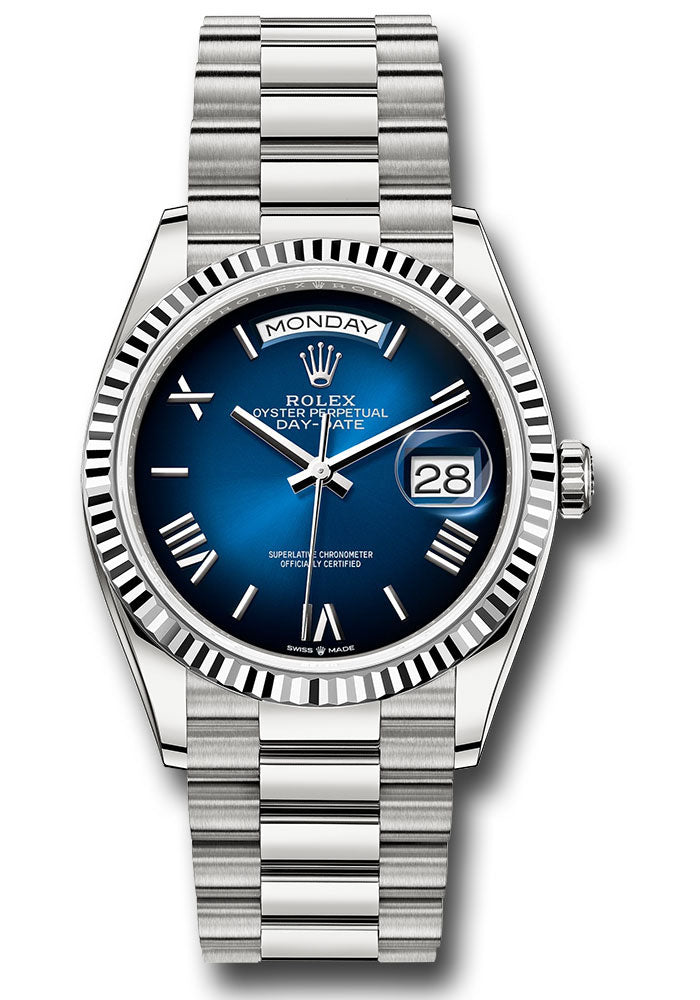 *Pre-Owned* Rolex White Gold Day-Date 36 Watch - Fluted Bezel - Blue OmbrÃ© Roman Dial - President Bracelet