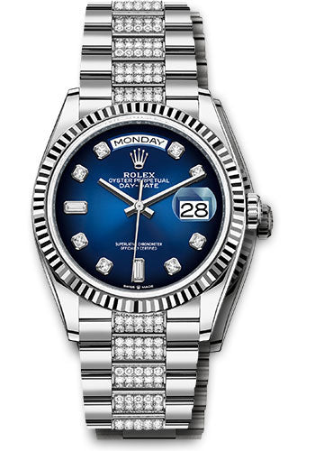 *Pre-Owned* Rolex White Gold Day-Date 36 Watch - Fluted Bezel - Blue OmbrÃ© Diamond Dial - Diamond President Bracelet