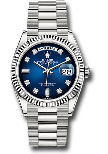 *Pre-Owned* Rolex White Gold Day-Date 36 Watch - Fluted Bezel - Blue OmbreÌ Diamond Dial - President Bracelet