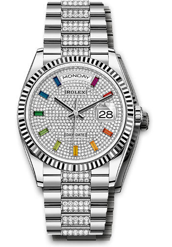 *Pre-Owned* Rolex White Gold Day-Date 36 Watch - Fluted Bezel - Diamond-Paved Dial - Diamond President Bracelet