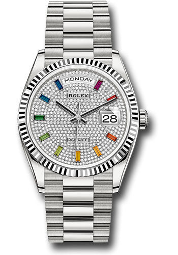 *Pre-Owned* Rolex White Gold Day-Date 36 Watch - Fluted Bezel - Diamond Paved Rainbow Sapphire Dial - President Bracelet