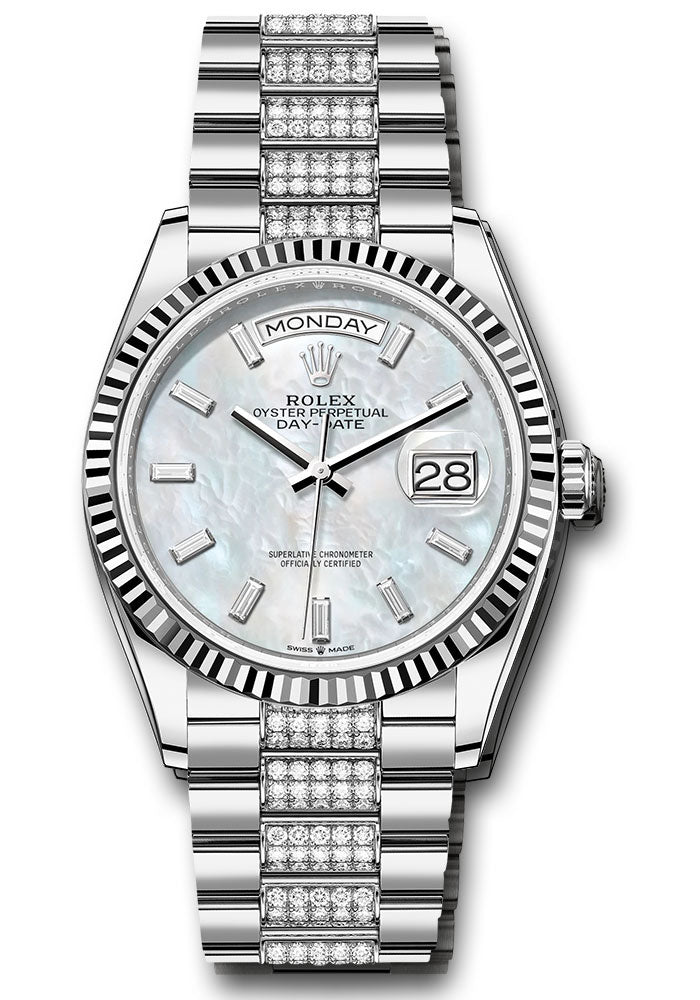 *Pre-Owned* Rolex White Gold Day-Date 36 Watch - Fluted Bezel - White Mother-Of-Pearl Dial - Diamond President Bracelet