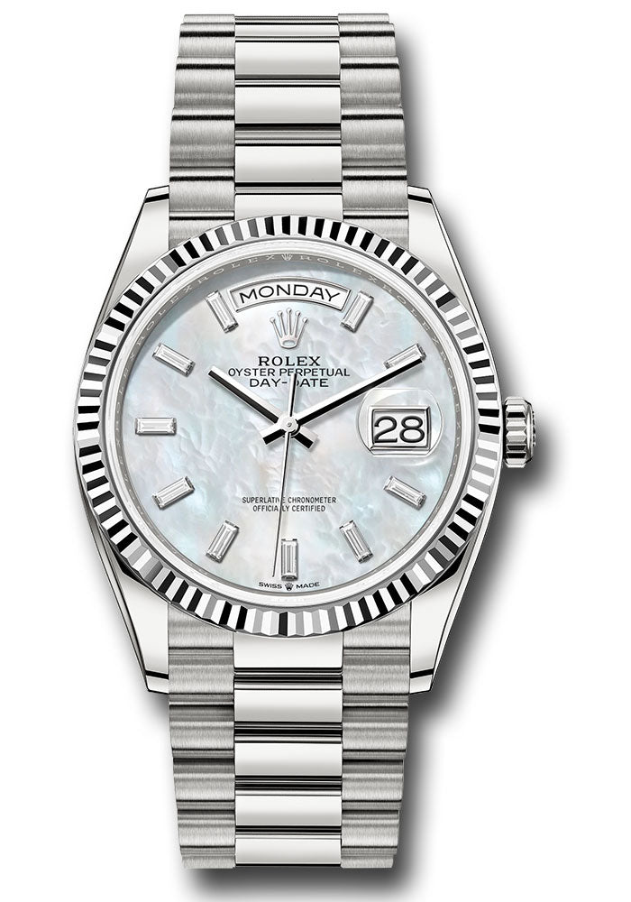 *Pre-Owned* Rolex White Gold Day-Date 36 Watch - Fluted Bezel - White Mother-Of-Pearl Dial - President Bracelet
