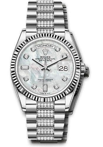 *Pre-Owned* Rolex White Gold Day-Date 36 Watch - Fluted Bezel - White Mother-Of-Pearl Diamond Dial - Diamond President Bracelet