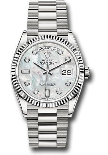 *Pre-Owned* Rolex White Gold Day-Date 36 Watch - Fluted Bezel - Mother-of-Pearl Diamond Dial - President Bracelet