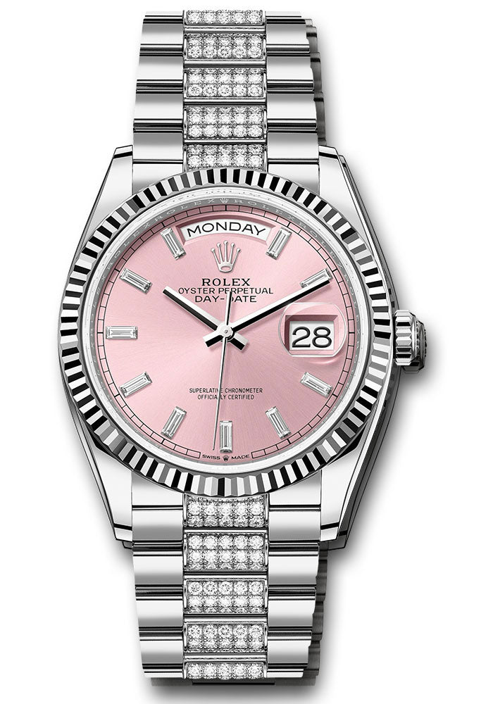 *Pre-Owned* Rolex White Gold Day-Date 36 Watch - Fluted Bezel - Pink Dial - Diamond President Bracelet
