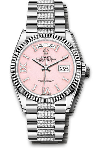 *Pre-Owned* Rolex White Gold Day-Date 36 Watch - Fluted Bezel - Pink Opal Diamond Index Roman 9 Dial - Diamond President Bracelet