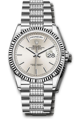 *Pre-Owned* Rolex White Gold Day-Date 36 Watch - Fluted Bezel - Silver Index Dial - Diamond President Bracelet