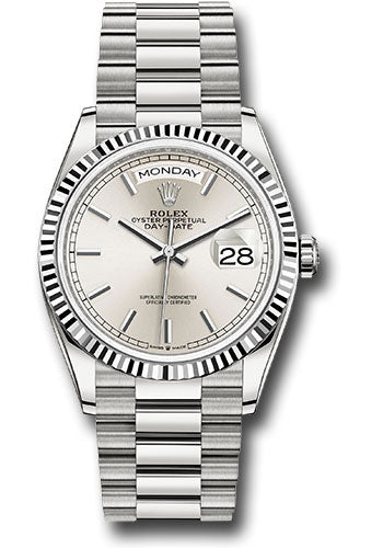 *Pre-Owned* Rolex White Gold Day-Date 36 Watch - Fluted Bezel - Silver Index Dial - President Bracelet