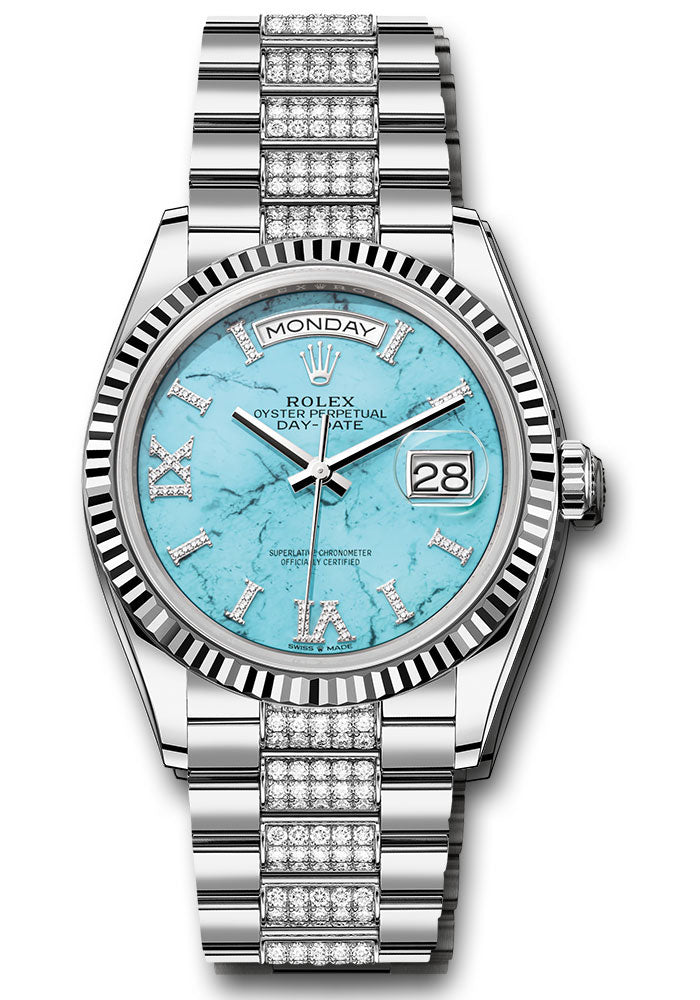 *Pre-Owned* Rolex White Gold Day-Date 36 Watch - Fluted Bezel - Turquoise Diamond Index Roman 9 Dial - Diamond President Bracelet