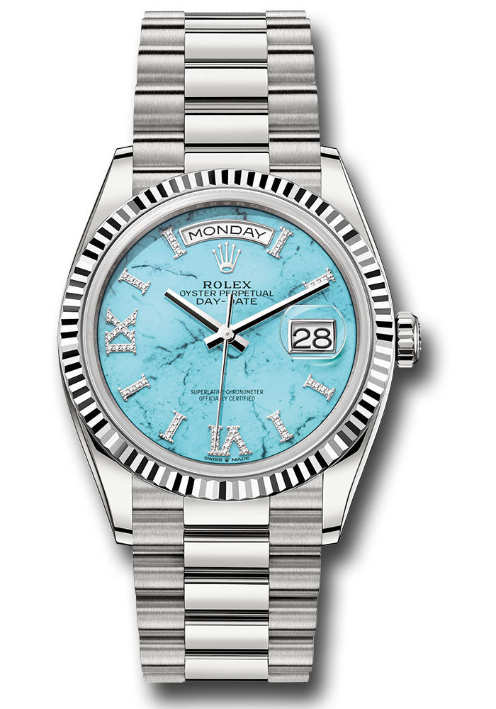 *Pre-Owned* Rolex White Gold Day-Date 36 Watch - Fluted Bezel - Turquoise Diamond Index Roman 9 Dial - President Bracelet
