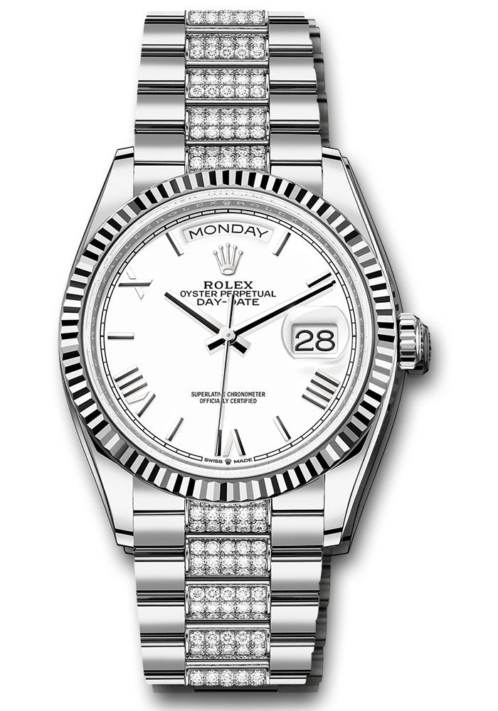 *Pre-Owned* Rolex White Gold Day-Date 36 Watch - Fluted Bezel - White Roman Dial - Diamond President Bracelet